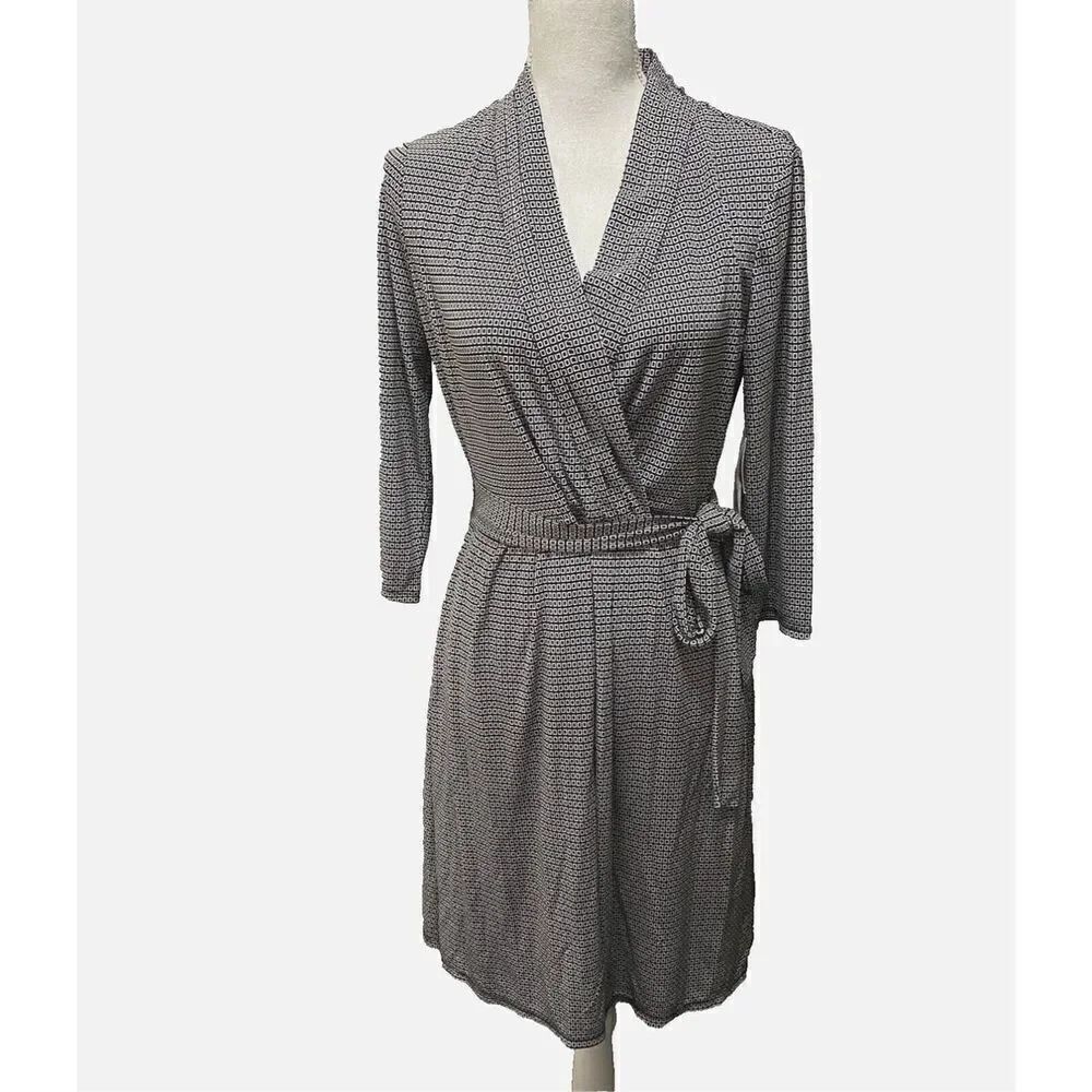 Liz Claiborne Women's XL Belted Wrap Dress Black White Geometric Square Print